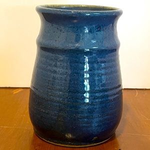 Signed Studio Art Pottery Blue  Stoneware Vase Light Glaze Ribbed